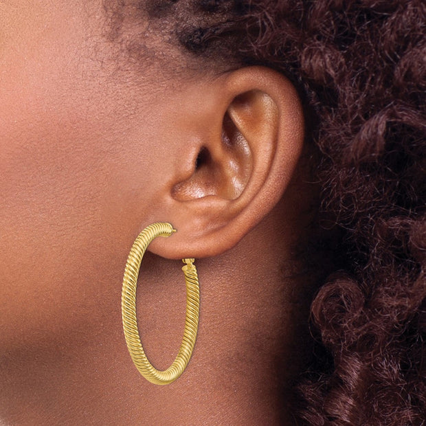14k 4x35mm Twisted Round Omega Back Hoop Earrings