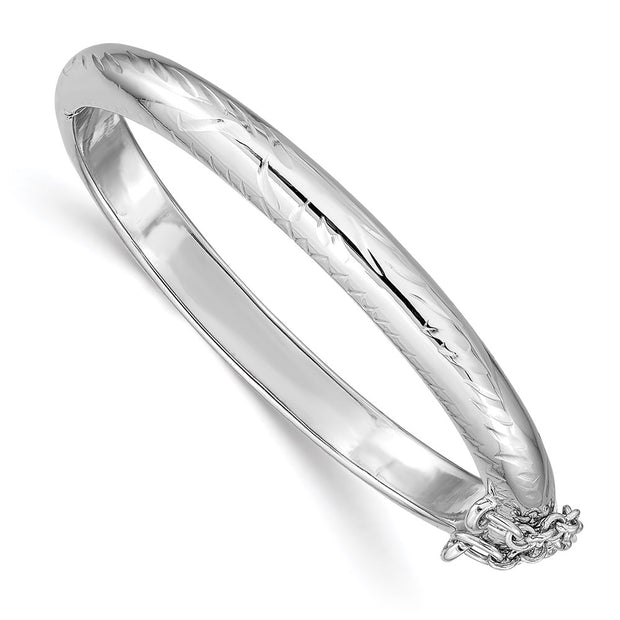 Sterling Silver Rhodium-plated Polished & Diamond-cut with Safety Clasp Hinged Children's Bangle