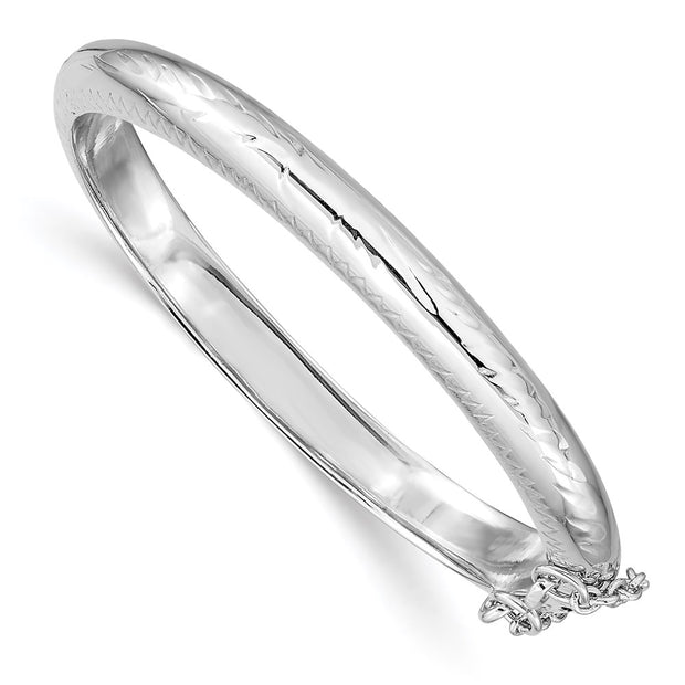 Sterling Silver Rhodium-plated Polished & Diamond-cut with Safety Clasp Hinged Children's Bangle