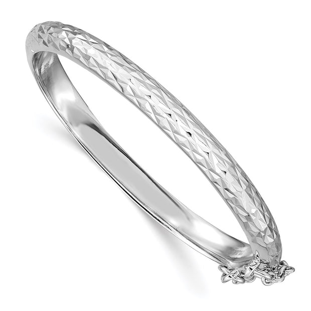 Sterling Silver Rhodium-plated Polished & Diamond-cut with Safety Clasp Hinged Children's Bangle