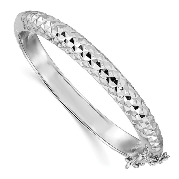 Sterling Silver Rhodium-plated Polished & Diamond-cut with Safety Clasp Hinged Children's Bangle