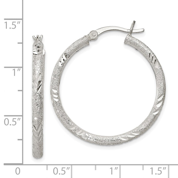 Sterling Silver 2.5mm Diamond-cut Laser-cut Hinged Hoop Earrings