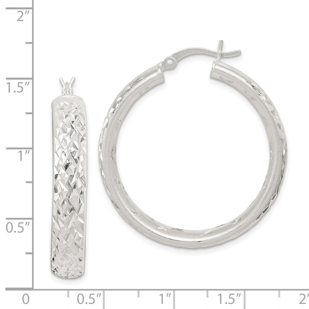 Sterling Silver Satin & Diamond-cut 5mm Round Hoop Earrings