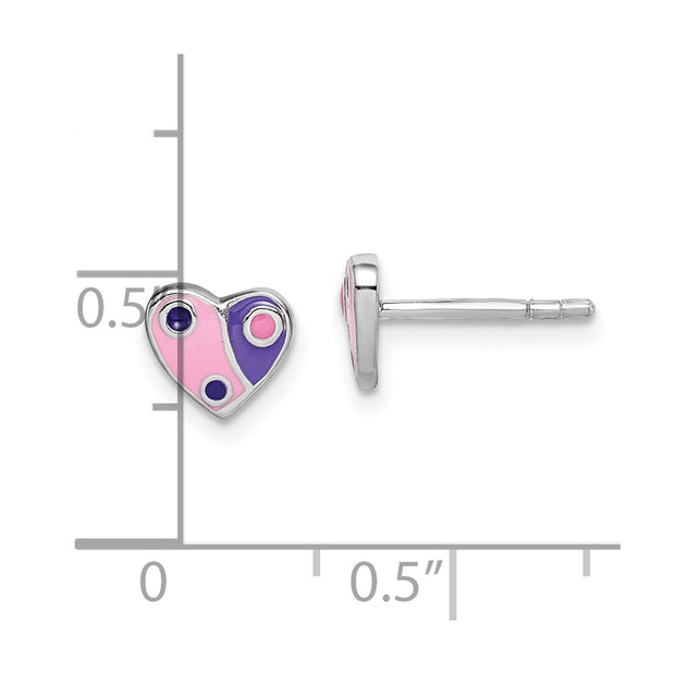 Sterling Silver Rhodium-plated Polished Pink & Purple Enameled Heart Children's Post Earrings