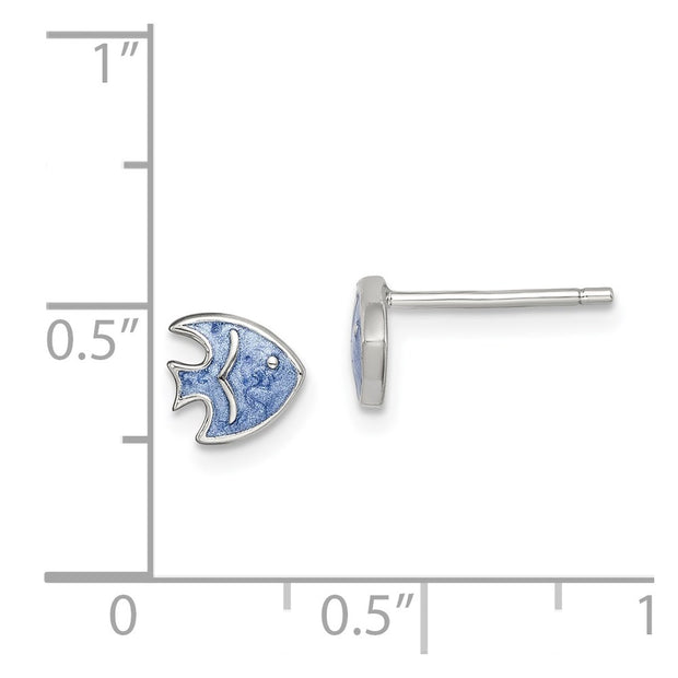 Sterling Silver Rhodium-plated Polished Blue Enameled Fish Childs Post Earrings