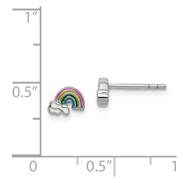 Sterling Silver Rhodium-plated Polished & Multi-color Enameled Rainbow & Clouds Children's Post Earrings