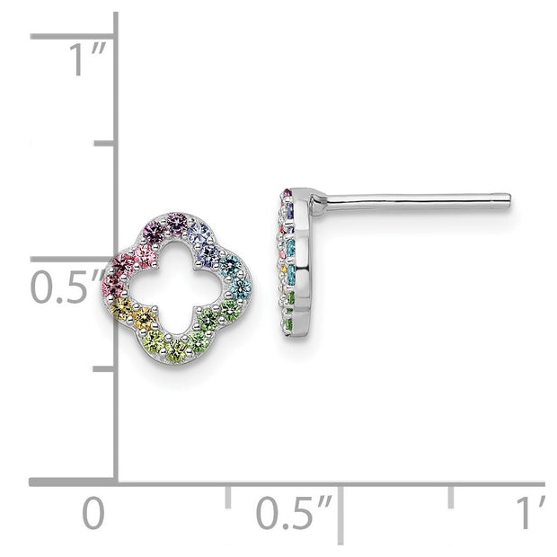 Sterling Silver Rhodium-plated Rainbow Crystal Clover Post Earrings