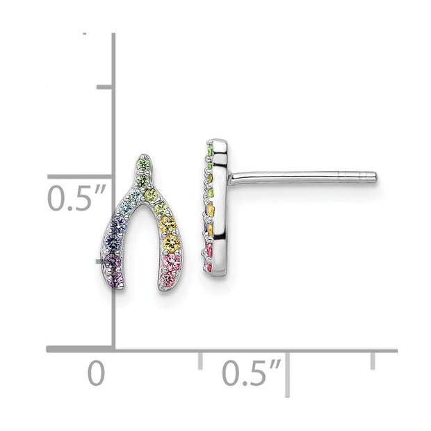 Sterling Silver RH-plated Rainbow Crystal Wishbone Post Earrings