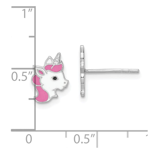 Sterling Silver Rhodium-plated Polished Multi-color Enamel Unicorn Head Children's Post Earrings