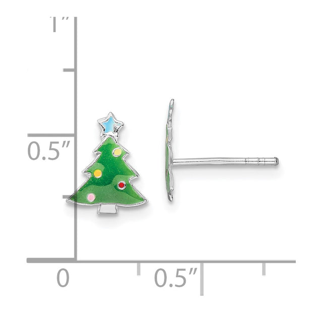 Sterling Silver Rhodium-plated Polished Multi-color Enameled Christmas Tree Children's Post Earrings