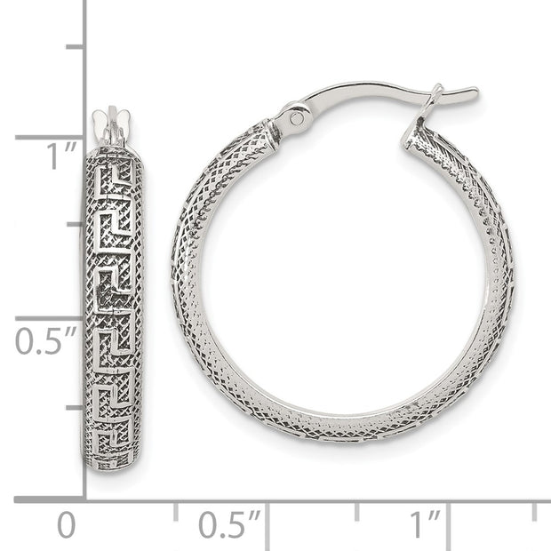 Sterling Silver Antiqued/Textured Greek Key LG Round Hoop Earrings