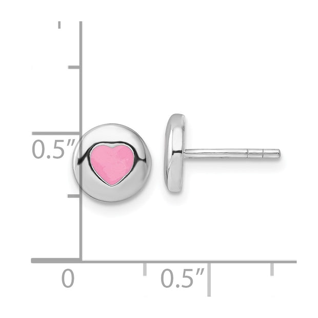 Sterling Silver Rhodium-plated Pink Enameled Heart Circle Children's Post Earrings
