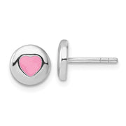 Sterling Silver Rhodium-plated Pink Enameled Heart Circle Children's Post Earrings