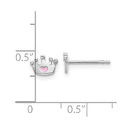 Sterling Silver RH-plated Pink Enamel Heart Crown Children's Post Earrings