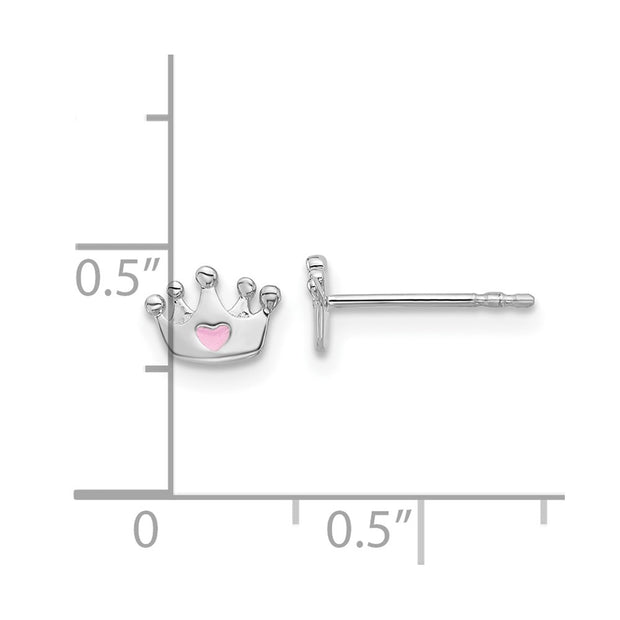 Sterling Silver RH-plated Pink Enamel Heart Crown Children's Post Earrings