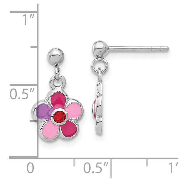 Sterling Silver Rhodium-plated Polished & Multi-color Enameled Red Crystal Flower Children's Post Dangle Earrings