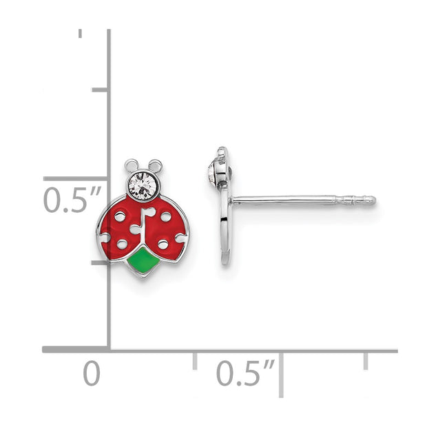Sterling Silver Rhodium-plated Polished Enameled & Crystal Ladybug Children's Post Earrings