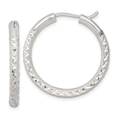 Sterling Silver Laser and Diamond-cut 30x3.25mm Hidden Catch Round Hoop Earrings