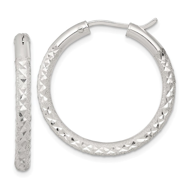Sterling Silver Laser and Diamond-cut 30x3.25mm Hidden Catch Round Hoop Earrings