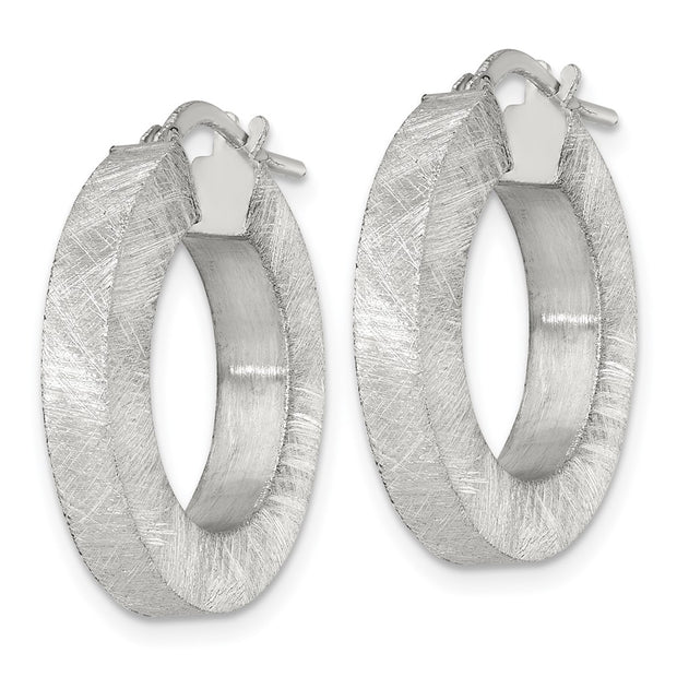 Sterling Silver Brushed Textured 4.25mm x 24mm Square Tube Hoop Earrings