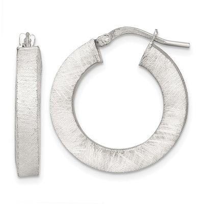 Sterling Silver Brushed Textured 4.25mm x 24mm Square Tube Hoop Earrings