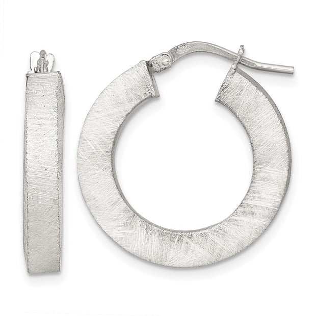 Sterling Silver Brushed Textured 4.25mm x 24mm Square Tube Hoop Earrings