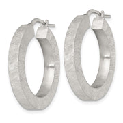 Sterling Silver Brushed Textured 4.25mm x 28mm Square Tube Hoop Earrings
