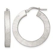 Sterling Silver Brushed Textured 4.25mm x 28mm Square Tube Hoop Earrings