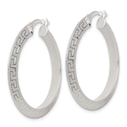 Sterling Silver Textured 35x4.0mm Knife Edge Greek Key Round Hoop Earrings
