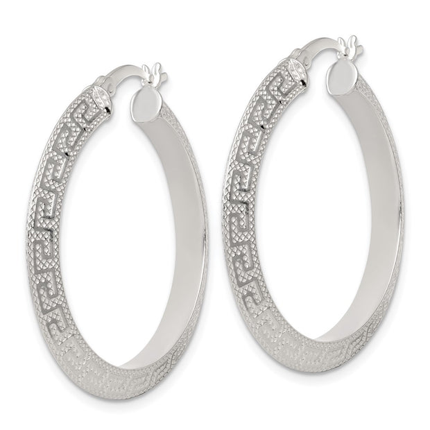 Sterling Silver Textured 35x4.0mm Knife Edge Greek Key Round Hoop Earrings