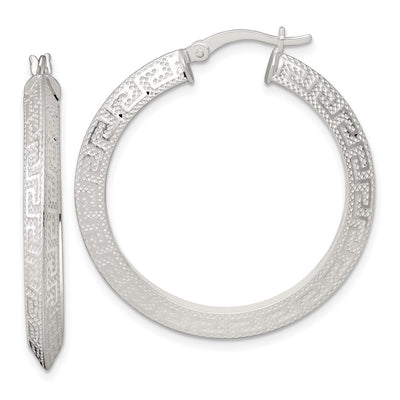 Sterling Silver Textured 35x4.0mm Knife Edge Greek Key Round Hoop Earrings