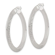 Sterling Silver Textured 40x4.0mm Knife Edge Greek Key Round Hoop Earrings