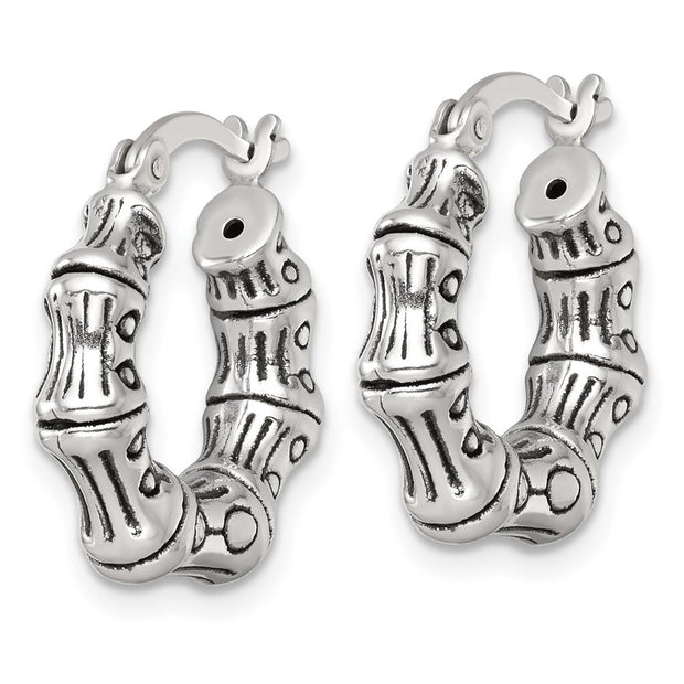 Sterling Silver Antiqued Textured Bamboo Round Hoop Earrings