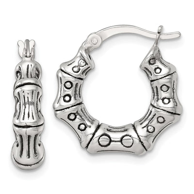 Sterling Silver Antiqued Textured Bamboo Round Hoop Earrings