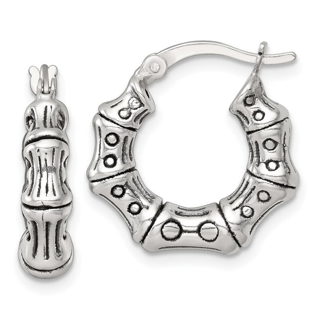 Sterling Silver Antiqued Textured Bamboo Round Hoop Earrings