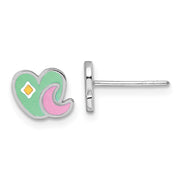 Sterling Silver Rhodium-plated Polished Green/Pink/Yellow Enamel Heart And Moon Childrens Post Earrings