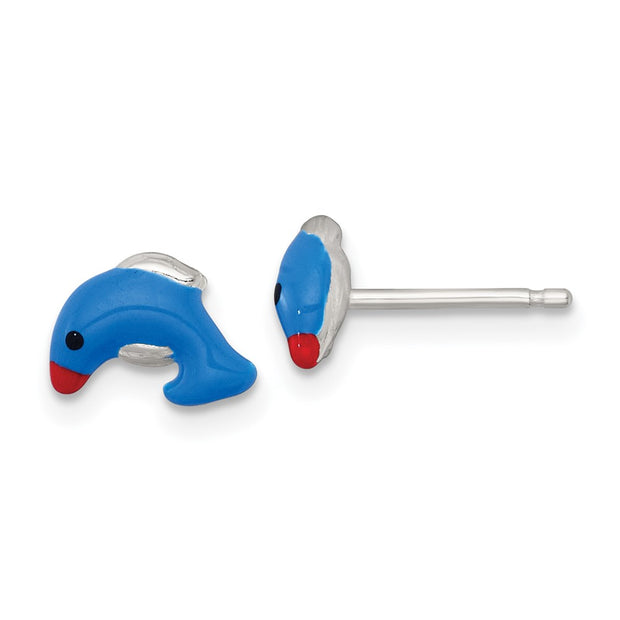 Sterling Silver Polished Blue/Red/Black Enameled Dolphin Childrens Post Earrings
