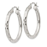 Sterling Silver Diamond-cut Satin 3x30mm Hoop Earrings