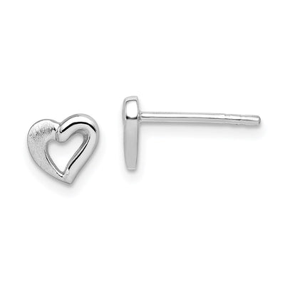 Sterling Silver RH-plated Polished & Brushed Open Heart Children's Post Earrings