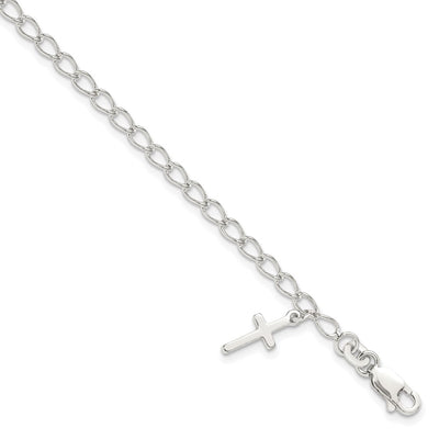 Sterling Silver Polished Latin Cross Charm with Ext. Children's Bracele