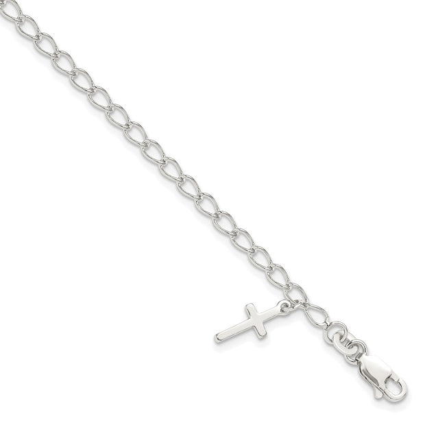 Sterling Silver Polished Latin Cross Charm with Ext. Children's Bracele