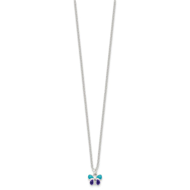 Sterling Silver Polished Blue & Purple Enameled Butterfly with Extension Children's Necklace
