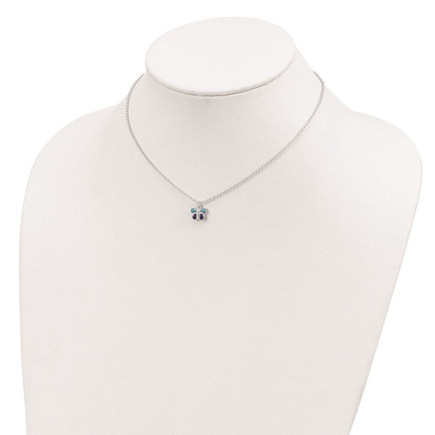 Sterling Silver Polished Blue & Purple Enameled Butterfly with Extension Children's Necklace