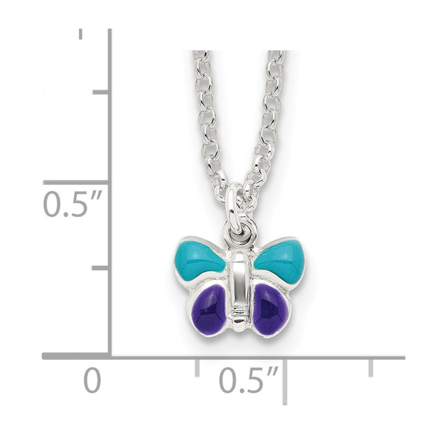 Sterling Silver Polished Blue & Purple Enameled Butterfly with Extension Children's Necklace