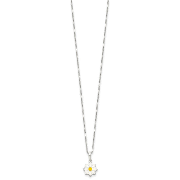 Sterling Silver Polished Yellow & White Enamel Flower Children's Necklace