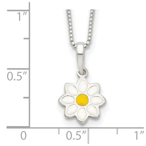 Sterling Silver Polished Yellow & White Enamel Flower Children's Necklace
