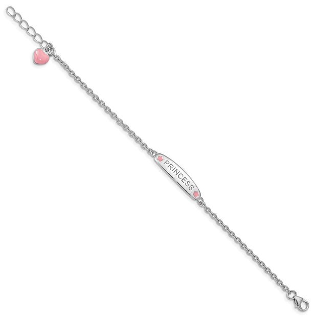 Sterling Silver Rhodium-plated Polished & Pink Enameled PRINCESS with 1 Inch Extension Children's Bracelet