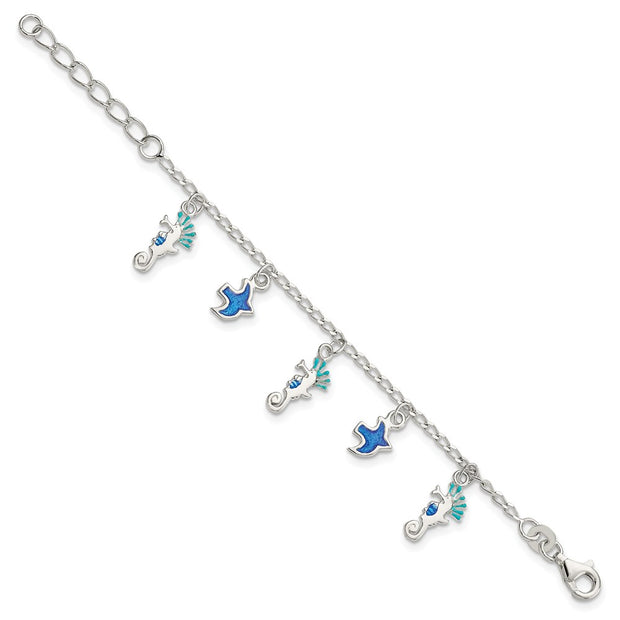 Sterling Silver Enameled Seahorse & Birds w/ ext. Children's Bracelet