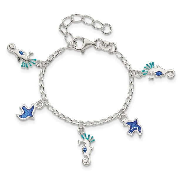 Sterling Silver Enameled Seahorse & Birds w/ ext. Children's Bracelet