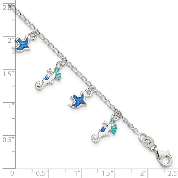Sterling Silver Enameled Seahorse & Birds w/ ext. Children's Bracelet